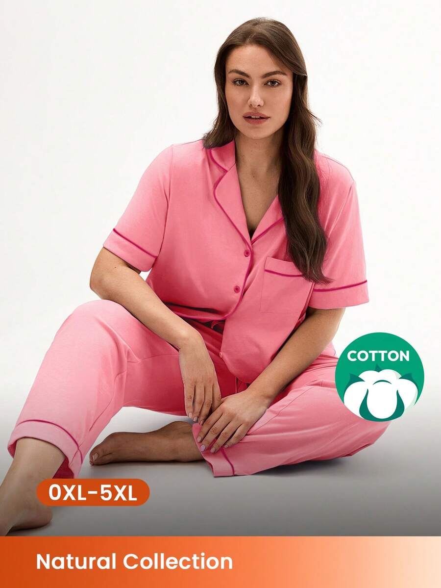 LUVLETTE 女款大尺碼柔軟棉質粉色短袖上衣與長褲睡衣套裝,女款居家休閒套裝,棉質睡衣 - 粉色 - 查看 1