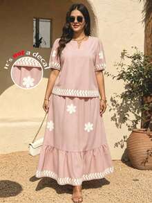 Breezaya Conjunto de 2 piezas de blusa de manga corta y falda con adorno floral, de tela tejida, cómodo y casual, para primavera temprana, en talla grande, color azul claro - Rosa Pálido - Ver 1