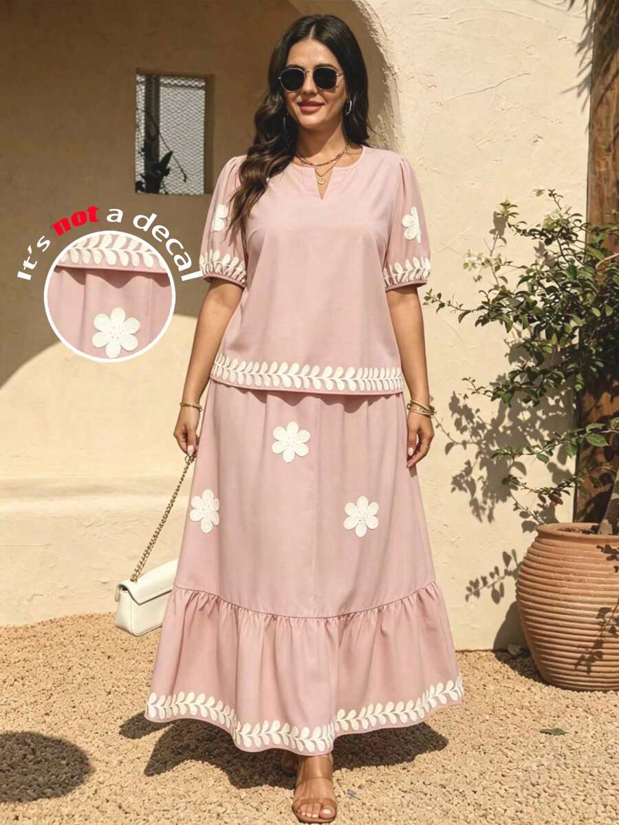 Breezaya Conjunto de 2 piezas de blusa de manga corta y falda con adorno floral, de tela tejida, cómodo y casual, para primavera temprana, en talla grande, color azul claro - Rosa Pálido - Ver 1