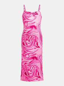 Young Girl Casual Vacation Daily Pink Tie-Dye Textured Snug Fit Dress - Pink - View 3