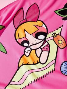 THE POWERPUFF GIRLS X SHEIN 1件裝卡通海綿印花浴巾，沙灘巾，可用於海灘，游泳毛巾 - 玫紅色 - 查看 3