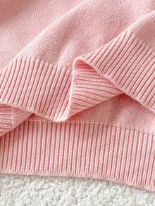 SHEIN 2026秋冬新款 8-12歲女童淺粉色圓領短版針織毛衣，奶油白3D粗繩蝴蝶結刺繡裝飾，落肩寬鬆長袖套頭衫，柔軟甜美內搭上衣，適合上學、出遊、拍照，春秋穿著 - 粉色 - 查看 7