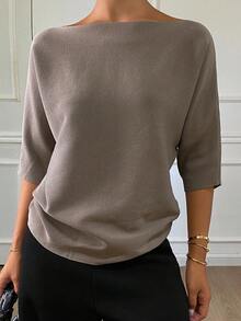 Livesso Petite Women's Solid Color Casual Versatile Daily Knit Top - Khaki - View 8