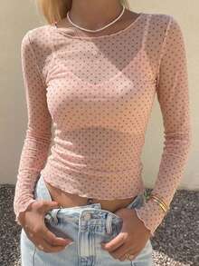 DAZY Atasan Wanita Kasual Jala Leher Bulat Lengan Panjang Motif Polkadot Musim Gugur - Baby Pink - View 9
