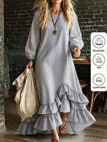 Linhara CURVE 2026 New Plus Size Casual Striped Round Neck Long Sleeve Lantern Sleeve Long Patchwork Ruffle Hem Women's Dress Fall - Blue and White - View 3