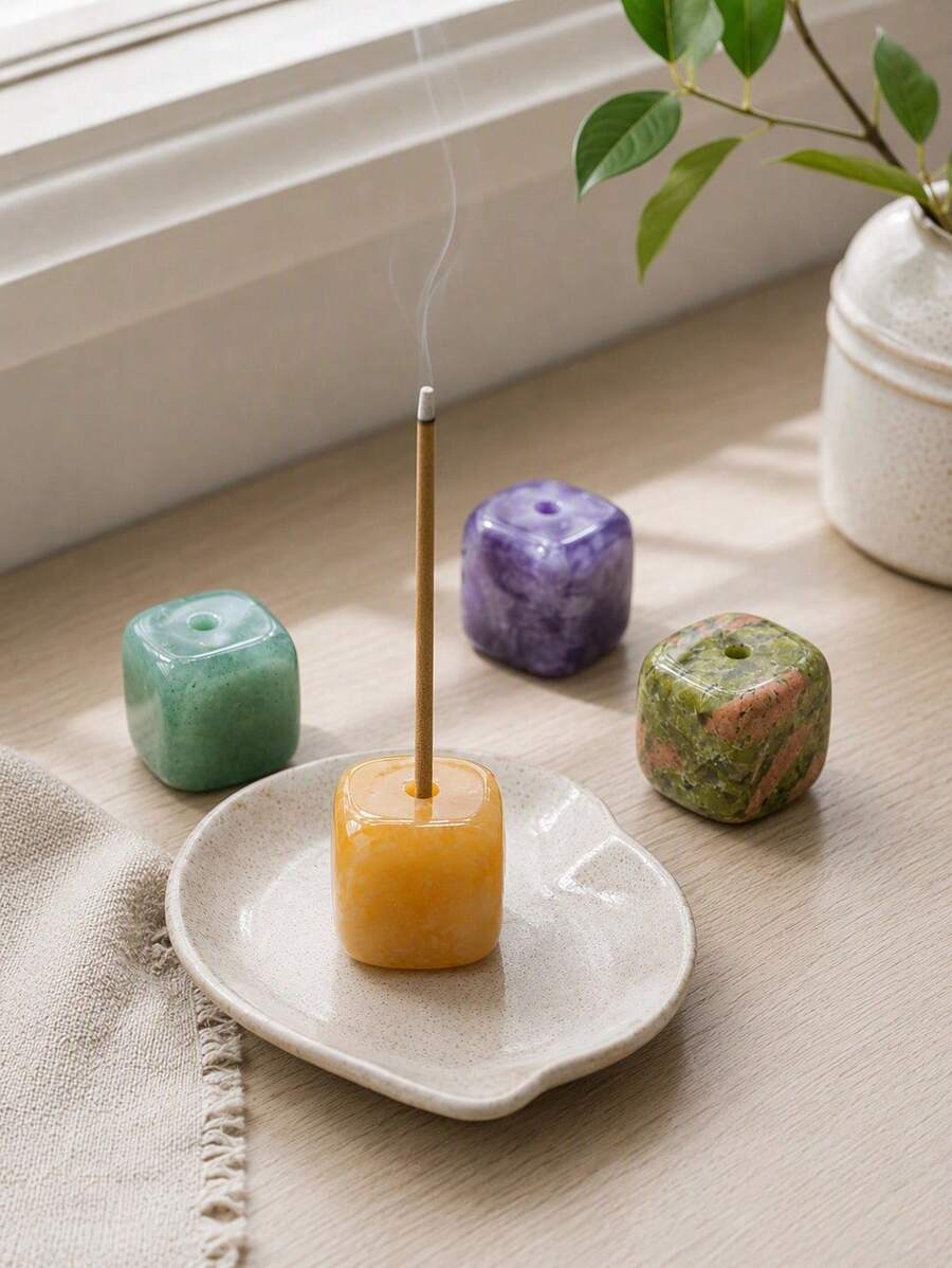Haus Hana 1pc Compact Natural Crystal Agate Stone Square Incense Holder, Polished Cube Incense Stick Base, Simple Aesthetic Aromatherapy Ornament For Meditation, Yoga, Bedroom, Office, Home Decor Gift - multicolor - View 1
