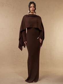 Silquee Women's Elegant Brown Extra-Long Knit Shawl-Style Dress For Autumn And Winter.The Style Is Elegant And Versatile, Suitable For Both Casual And Formal - Camel - View 2