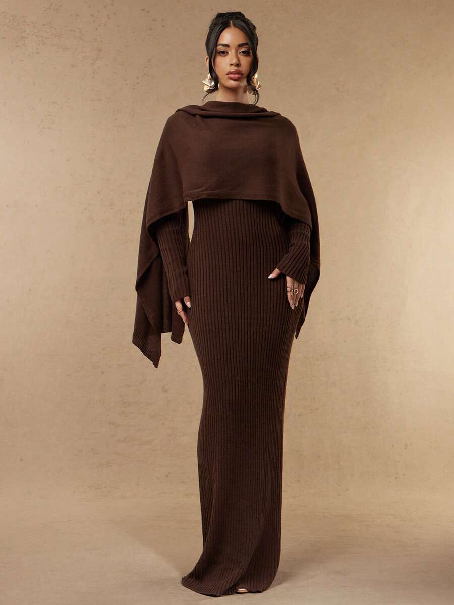 Silquee Women's Elegant Brown Extra-Long Knit Shawl-Style Dress For Autumn And Winter.The Style Is Elegant And Versatile, Suitable For Both Casual And Formal