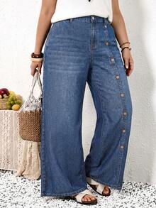 EMERY ROSE EMERY ROSE Plus Size Casual Washed Front Button Denim Jeans - Dark Wash - View 3
