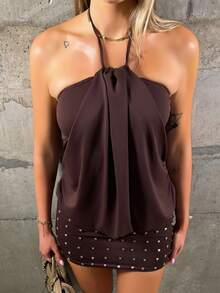 hollyjadebate Women's Brown Beaded Embellished Dress Elegant Party - Coffee - View 5