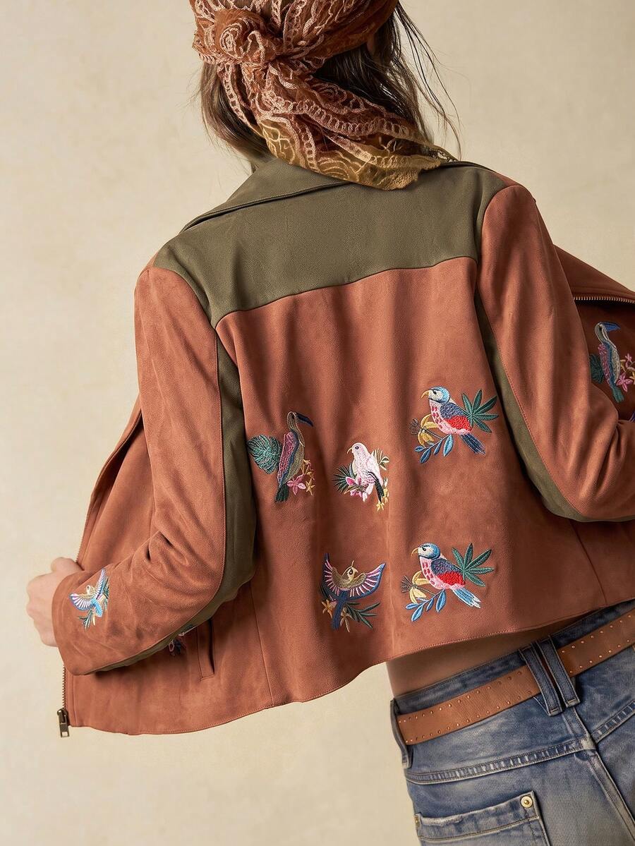 Bohemela Women's Autumn Casual Boho Vintage Colorblock Patchwork Floral Bird Embroidery Jacket Everyday Going Out Brown - Brown - View 1