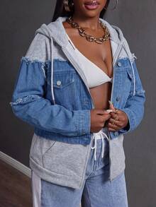 Slaydiva Women's Designer Fashion Patchwork Button Hooded Denim Jacket - Light Wash - View 1