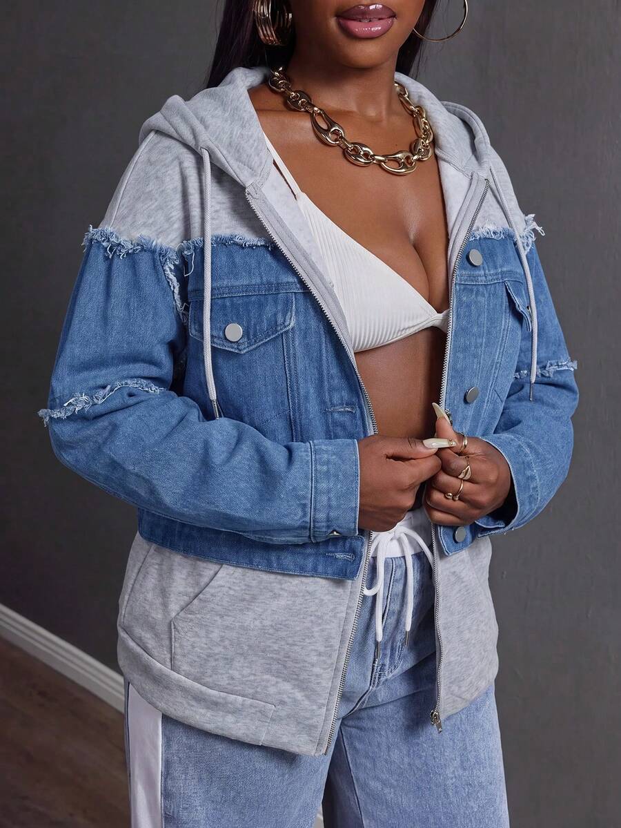 Slaydiva Women's Designer Fashion Patchwork Button Hooded Denim Jacket - Light Wash - View 1