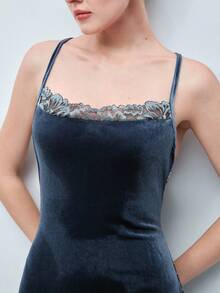 Softvol Women's Sexy Lace Patchwork Velvet Backless Criss-Cross Strap Long Nightgown Velvet Dress Lace Detail Dress Blue Lingerie Dress Backless Dress - Dusty Blue - View 7