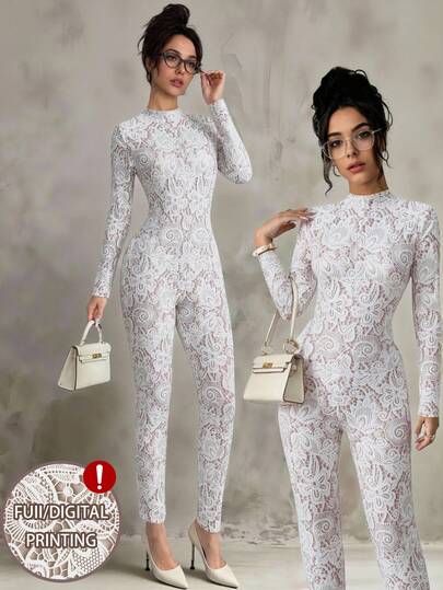 SHEIN Raffinéa Mono ajustado de manga larga con estampado de encaje falso, sexy y elegante, para mujer, adecuado para primavera/otoño, vacaciones y fiestas