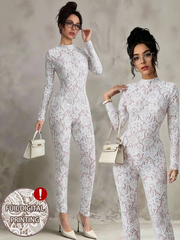 SHEIN Raffinéa Mono ajustado de manga larga con estampado de encaje falso, sexy y elegante, para mujer, adecuado para primavera/otoño, vacaciones y fiestas
