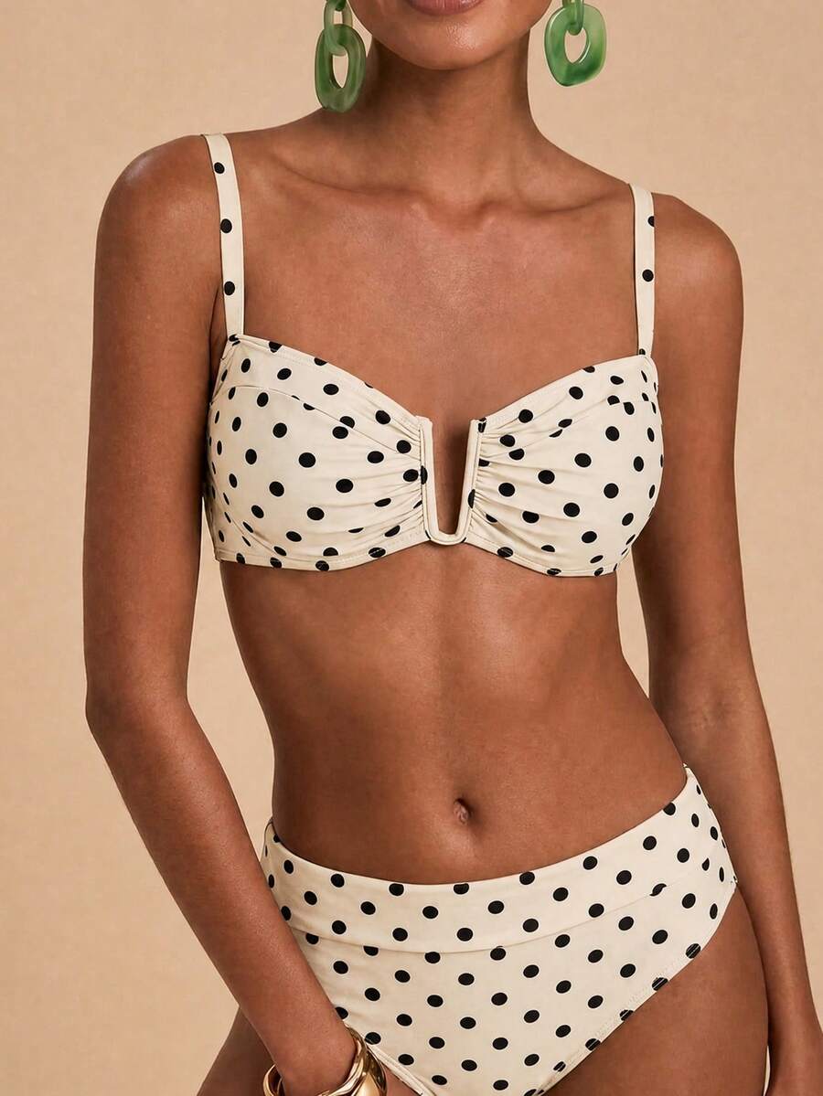 Travachic Women's Polka Dot Print Ruffle Top And Triangle Bikini Bottom Bikini Set Set - Multicolor - View 1