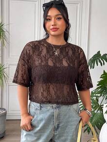 SHEIN EZwear Plus Size Women's Embroidered Elegant Sheer T-Shirt For Vacation And Party - Brown - View 6