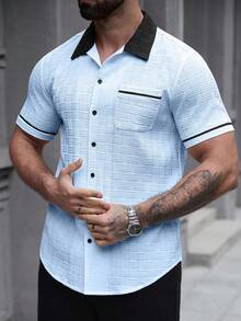 SLATEMANN Men's Casual Pocket Single-Breasted Short Sleeve Contrast Color Shirt - Blue - View 4