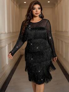 Reflora Plus Size Fashion Party Sequin Tassel Dress - Black - View 3
