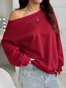 SHEIN EZwear 女款寬鬆不對稱肩領衛衣，內層保暖內裡，酒紅色，秋冬款 - 酒紅色 - 查看 6