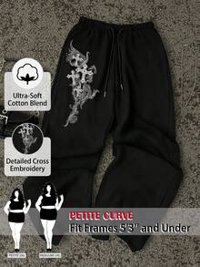 SHEIN PETITE CURVE Plus Size Casual Cross Print Sweatpants - Black - View 1