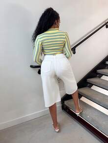 Alexandranx Celana Jeans Pendek Wanita Warna Putih, Longgar, Kasual, Model Lurus - Putih - View 2