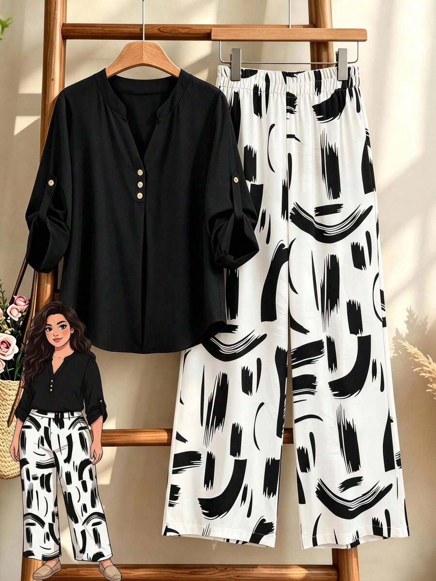 Rusticease Setelan Kasual 2 Potong untuk Wanita Ukuran Plus: Kemeja Lengan Gulung Warna Polos dan Celana Panjang Lebar Motif Sikat - Hitam dan Putih - View 1