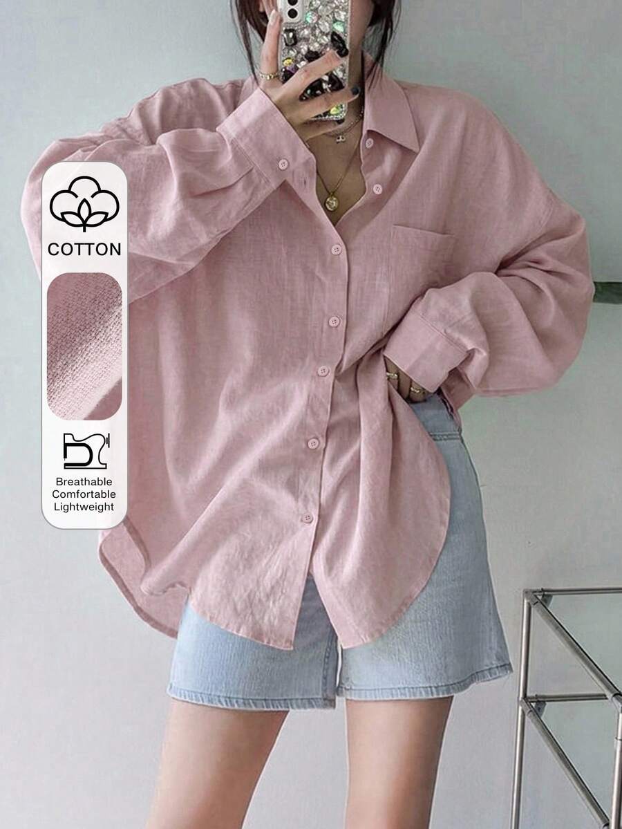 DAZY Women's Solid Color Regular Collar Oversized Loose Fit Shirt - Pink - View 1