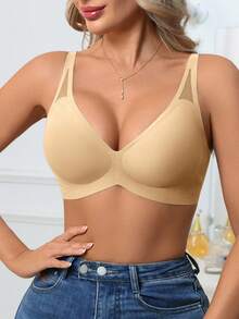SHEIN 女款無縫無線V領聚攏果凍軟支撐舒適純色網紗鏤空內衣，附模杯，1件裝 - 杏色 - 查看 6
