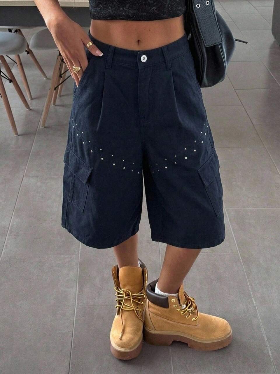 Solid Color Rhinestone Decor Loose Wide Leg Cropped Jeans Casual Street Style Summer Women's Denim Pants