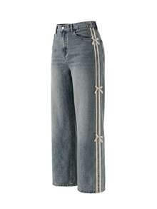 Dazy Plus Pantalones vaqueros de pierna ancha con lazo y parches de color, pantalones vaqueros casuales para mujer, para todas las estaciones - Azul lavado medio - Ver 12