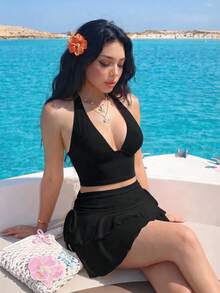 Sweetina 女款純色掛脖上衣與迷你裙時尚度假兩件套，黑色夏季性感熱帶海灘度假風 - 黑色 - 查看 5