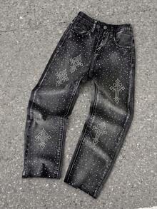 Tween Boy Y2k Loose And Comfortable Street-Style Distressed And Rhinestone-Embroidered Jeans - Black - View 1