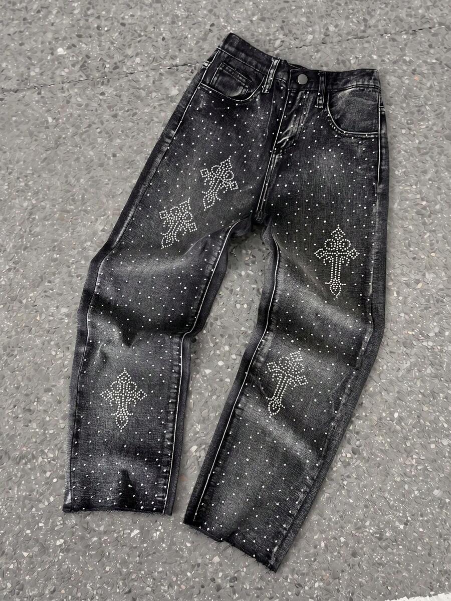 Tween Boy Y2k Loose And Comfortable Street-Style Distressed And Rhinestone-Embroidered Jeans - Black - View 1