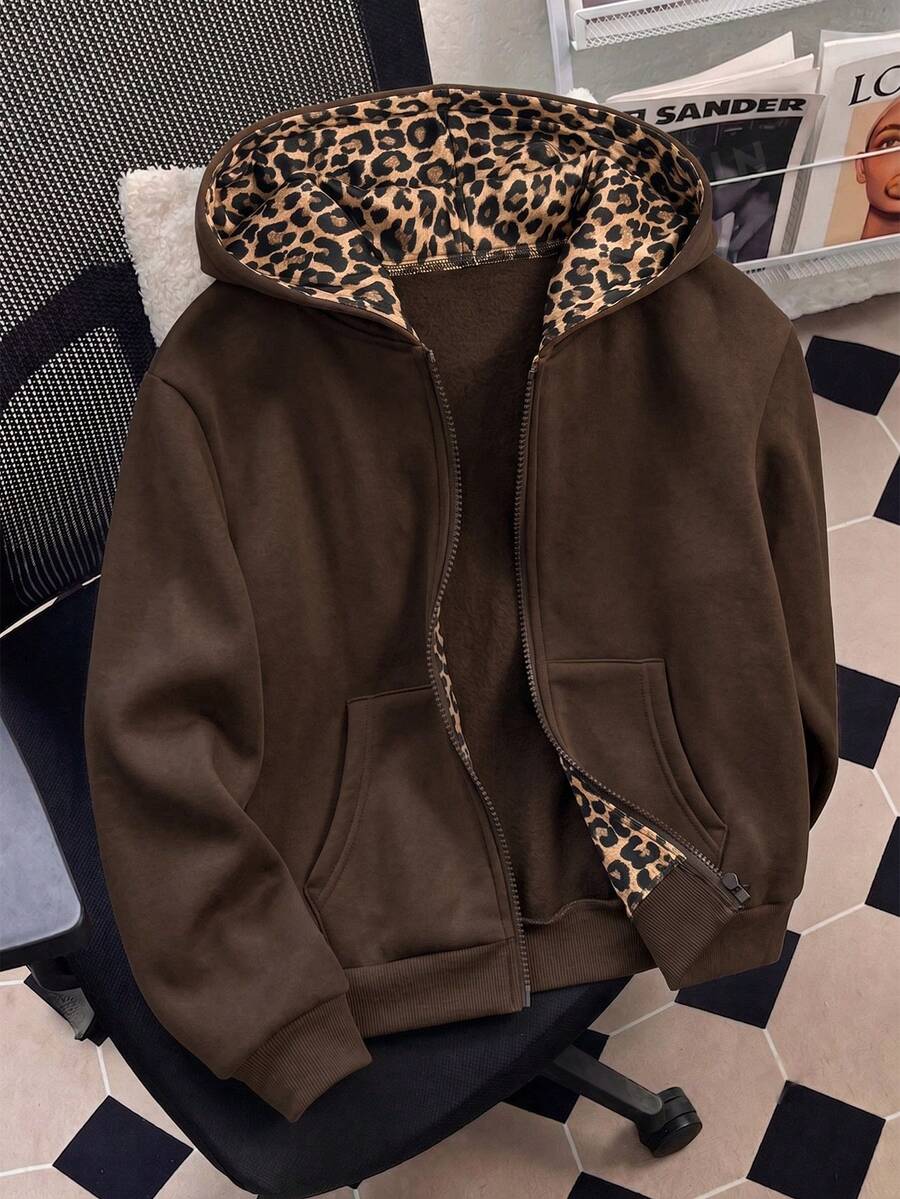 女童秋冬棕色系短款連帽夾克,前開拉鍊、袋鼠口袋、豹紋內裡,簡約端莊校園通勤風 - 彩色 - 查看 1