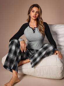 Lazeform Contrast Color Raglan Sleeve Henley Neck Pajama Set, Classic Plaid Home Wear 2 Pieces Set - Black - View 1