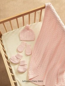 Infant Twisted Knitted Swaddle Set, Twist Textured Baby Blanket With Hairball Hat, Anti-Grab Gloves, Foot Socks, Four-Piece Set, Full Moon One-Year-Ol - Multicolor - View 4