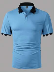 Manfinity Homme Camisa polo de manga corta con media tapeta de botones y bloques de color a rayas para hombre - Azul - Ver 5