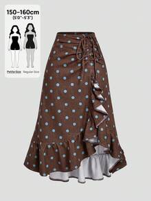 SHEIN PETITE Women's Polka Dot Print Drawstring Ruffle Hem Denim Skirt - Brown - View 1