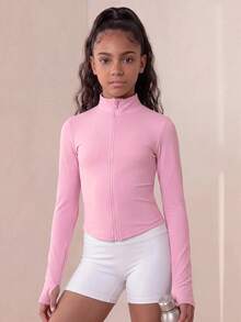 SHEIN 青少年女孩運動上衣，立領拉鍊設計，短版夾克，修身剪裁，拇指孔袖口，長袖健身運動上衣，適合健身、跑步、瑜伽、訓練，適用於戶外運動，秋冬穿著 - 淺粉色 - 查看 5