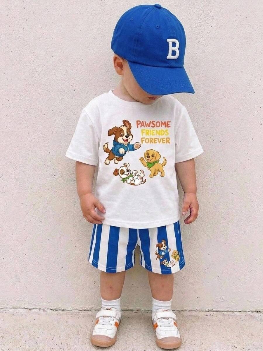 Baby Boy Casual Minimalist Cartoon Pattern T-Shirt Set Suitable For Summer Halloween Fall School Christmas - Multicolor - View 1