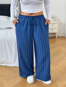 SHEIN EZwear 大尺碼休閒寬鬆條紋長褲 - 彩色 - 查看 5