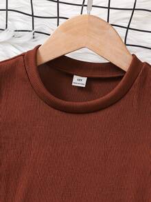 SHEIN Emery Rose Kids Camiseta de cuello redondo de manga gigot acanalada de unicolor para niñas preadolescentes - Óxido marrón - Ver 6