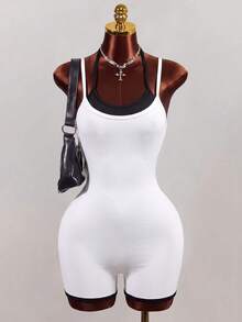 Mistrie Contrast Trim Spaghetti Strap Romper, Sexy Slim Fit Athletic Romper - Black and White - View 6