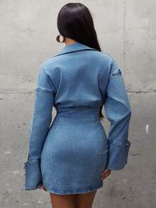 Denimoi Women's Deep V-Neck Zipper Front Long Sleeve Sexy Denim Dress - Medium Wash - View 4