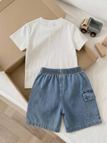 SHEIN Little Byeori 儿童牛仔拼接圆领T恤和牛仔裤两件套，休闲日常穿着，适合通勤、上学、日常休闲、运动、春夏穿着。 - 白色 - 查看 2