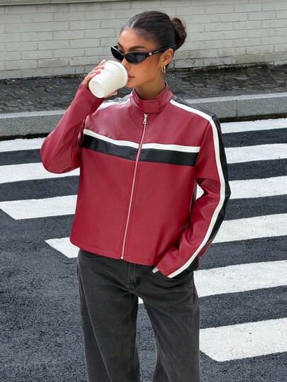 Muchica Red PU Contrast Black White Biker Jacket Elegant Y2K Casual Fall Winter Moto Zip Up Outerwear Streetwear Coat For Women