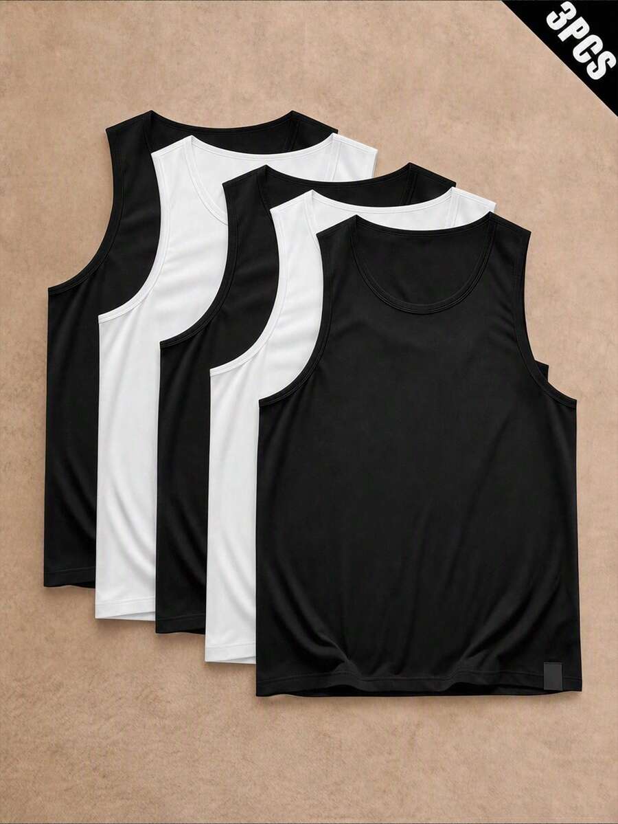 HIMLAND Men's Casual Versatile Round Neck Tank Top 3 Pieces Set - Black - View 1
