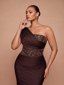 Glamrae Plus Size Elegant Classy Deep Coffee Cold Shoulder Asymmetric Neckline Sequin Bodycon Mermaid Tail Formal Dinner Heavy Work Gown New Year Fall - Coffee Brown - View 10